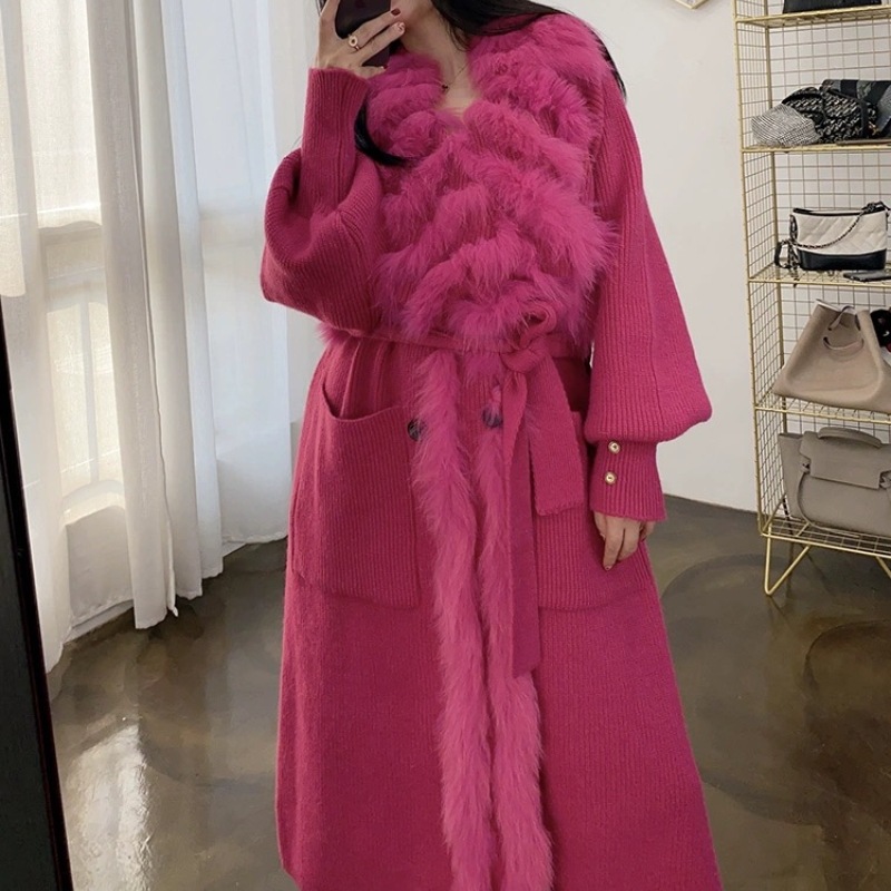 New Sweater Splicing Fox Fur Cardigan European American Coat Lady Autumn Winter Long Knit Trench Coat Temperament Women