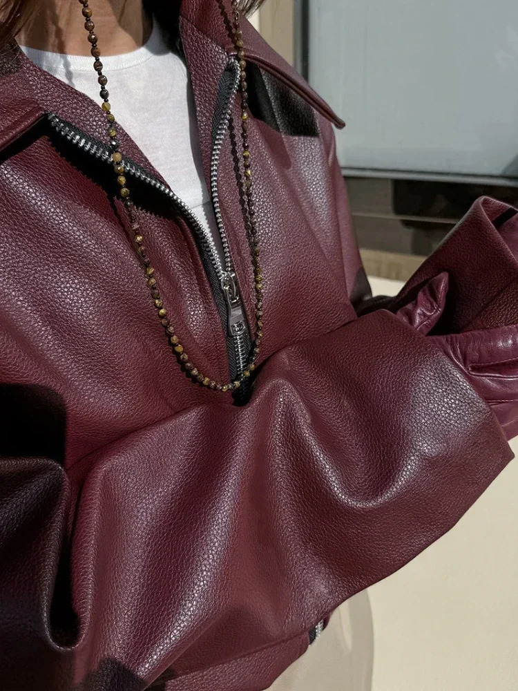Street leather womens jacket wine red lapel long sleeved Pu womens jacket retro pocket zipper motorcycle womens jacket 241112