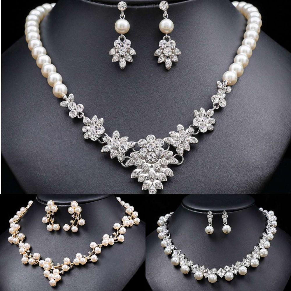 Pearl Vintage Rhinestone Alloy Korean Style Jewelry Set Bridal Wedding Jewelry Set Women Necklace Dangle Earrings 61cbd
