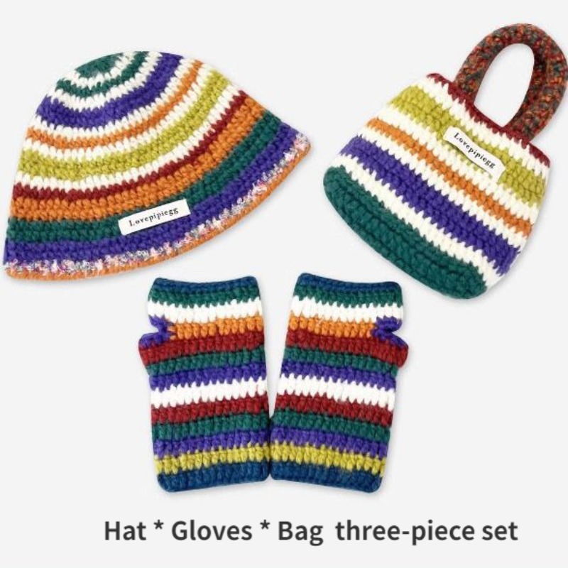 Japanese Retro Bag Gloves Knited Bucket Hat Women Autumn Winter Rainbow Striped Crochet Three-piece Set Designer Cute Funny Hat 57a2c