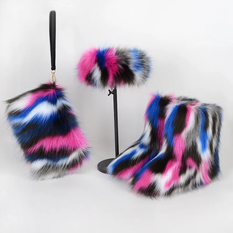 Women Winter High-end Fur Snow Boots Non-slip Womens Shoes Fashion Color Warm Plus Velvet Cotton Boots Warm Headband Handbag 241112