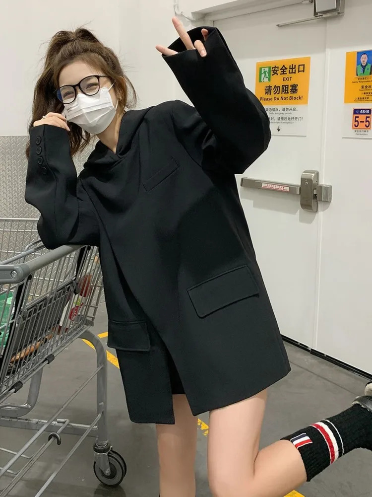 Women Black Hooded Suit Pullover Blazer Irregular Split n Spring Autumn Korean Top Loose Femme Streetwear 241112