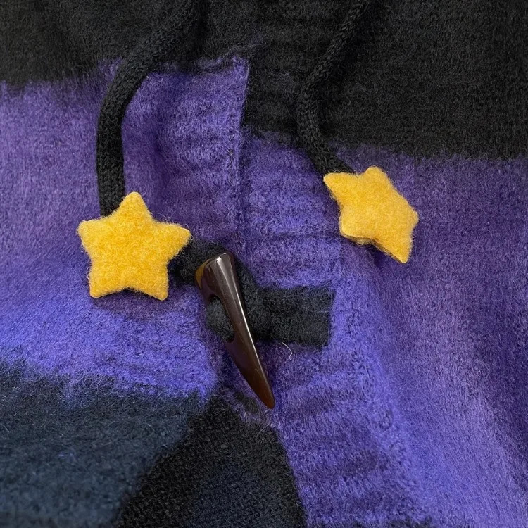 Retro Vintage Purple Black Striped Hooded Sweater Autumn Winter Bull Horn Buckle Cardigan Y2k Long Sleeve Loose Tops Mujer 241111