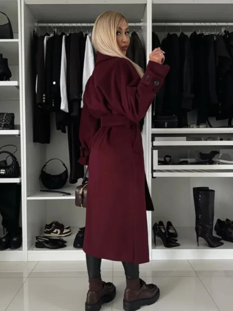 Elegant wine red collar womens coat with belt fashionable long sleeved side split wool blend coat winter womens fashionable coat 241112