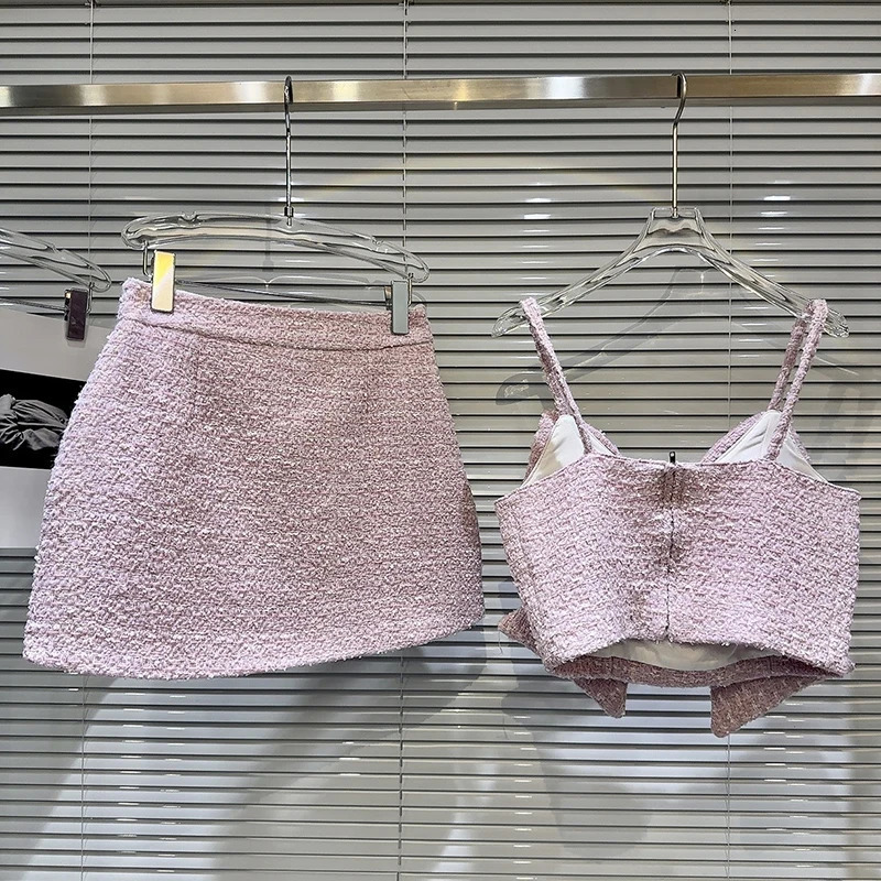 High quality coarse woolen two-piece set for womens sleeveless large bow diamond Camisol crop top body mini skiing set sweet 2-piece set 241112