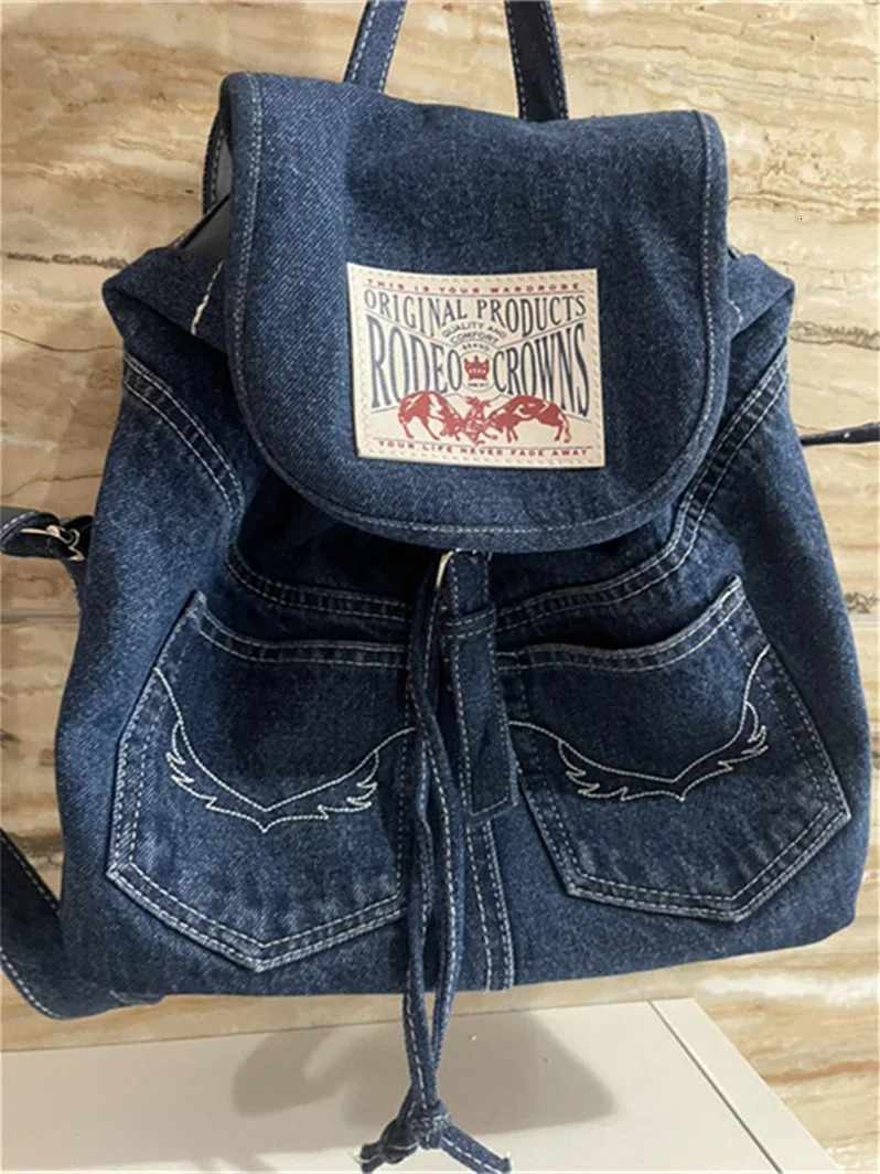 Miyagawa Japans personalized denim patch backpack casual edition canvas backpack suitable for Y2k backpack 241111