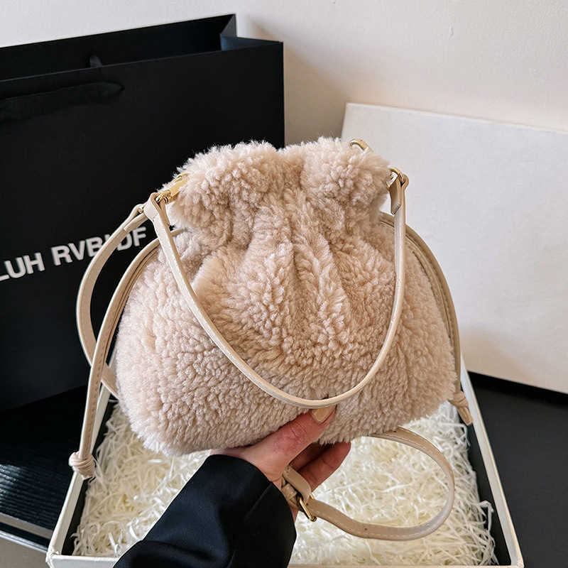 Lucky Bag Female Autumn Winter Lamb Wool Handheld Wallet Drawstring Diagonal Bucket Bags Shoulder Plush Bag Handbags 241112