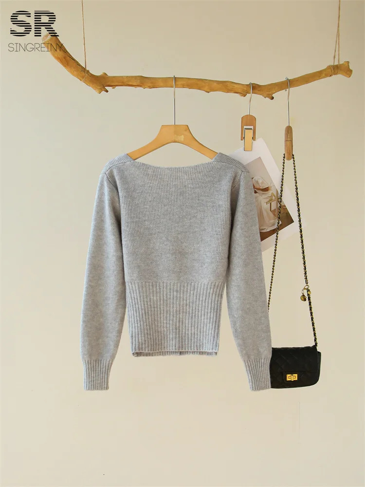 SINGREENY Winter Solid 2-piece Set Autumn Square Collar Single Chest CardiganElastic Waist Tight Clothes Womens Casual Warm and Slim Fit Set 241112