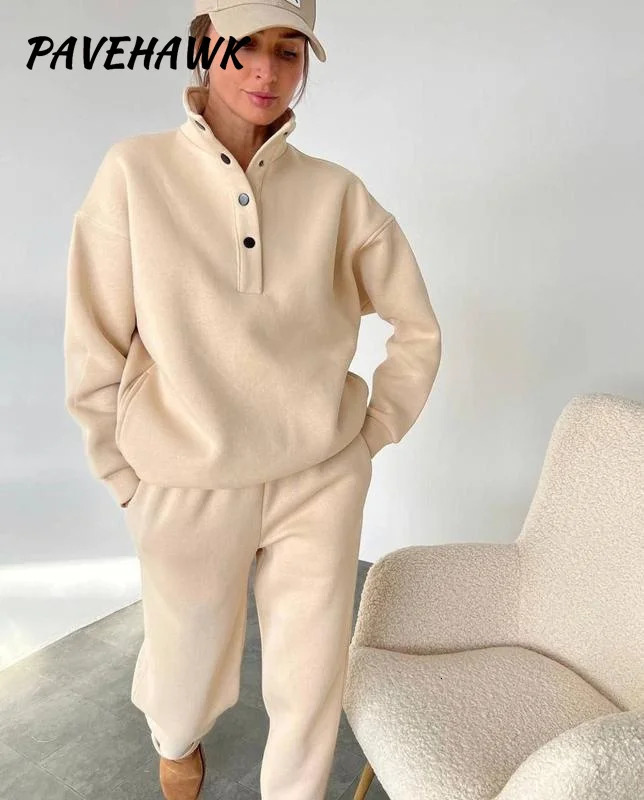 Women Elegant Solid Hoodies Sets Long Sleeve Stand Up Collar Loose Thick Button 2 Piece Set Casual Pullover Pant Suit 241111