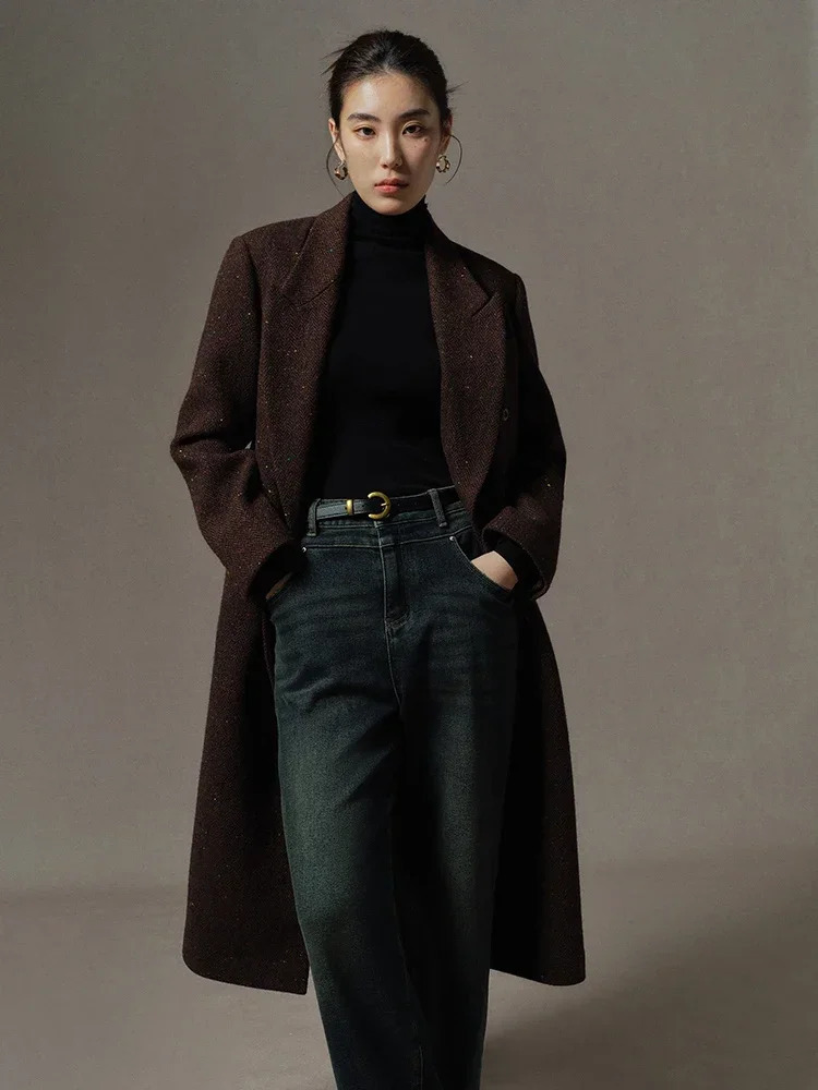 DUSHU Retro Sense Dark Coffee Brown Color Double Breasted Long Wool Coat for Women 2023 Winter Chic n Woolen Female 241112