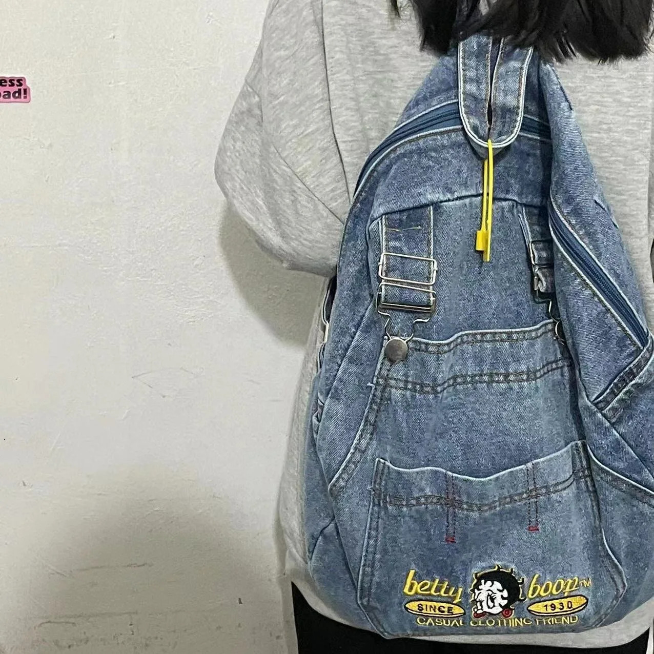 Fashionable Harajuku style denim clothing cool cartoon cute large backpack capacity student backpack for school 241111