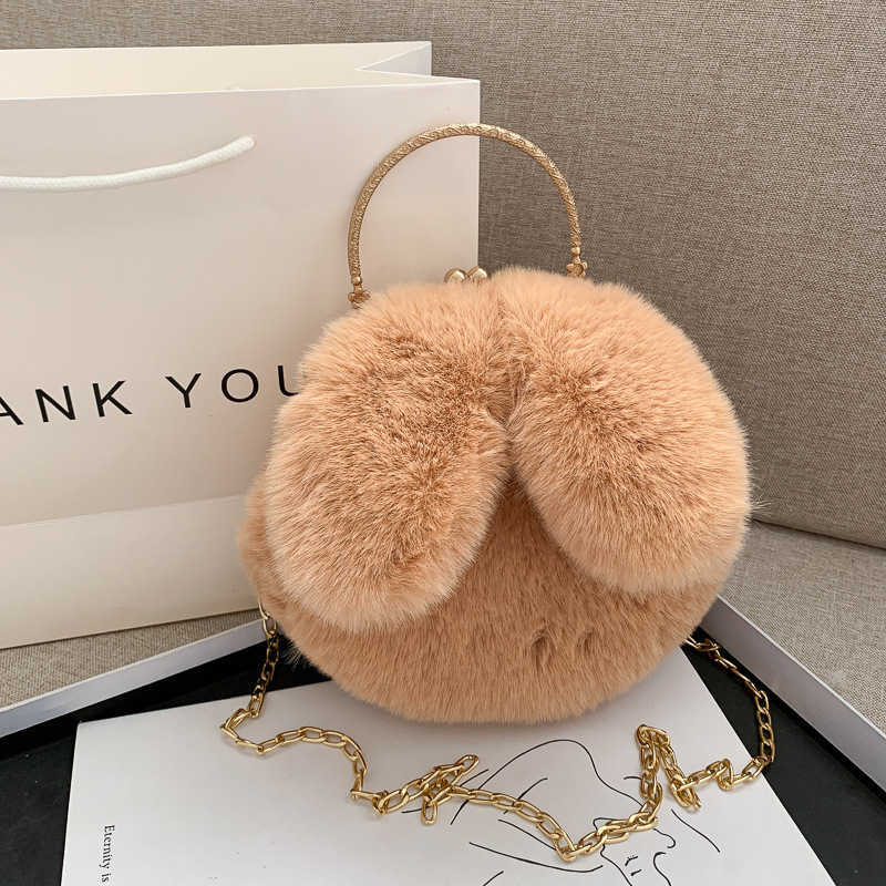 Trendy Girl Cute Plush Bag with Rabbit Ears Casual Clip on Handbag Fashionable Chain Crossbody Bags Purses 241112