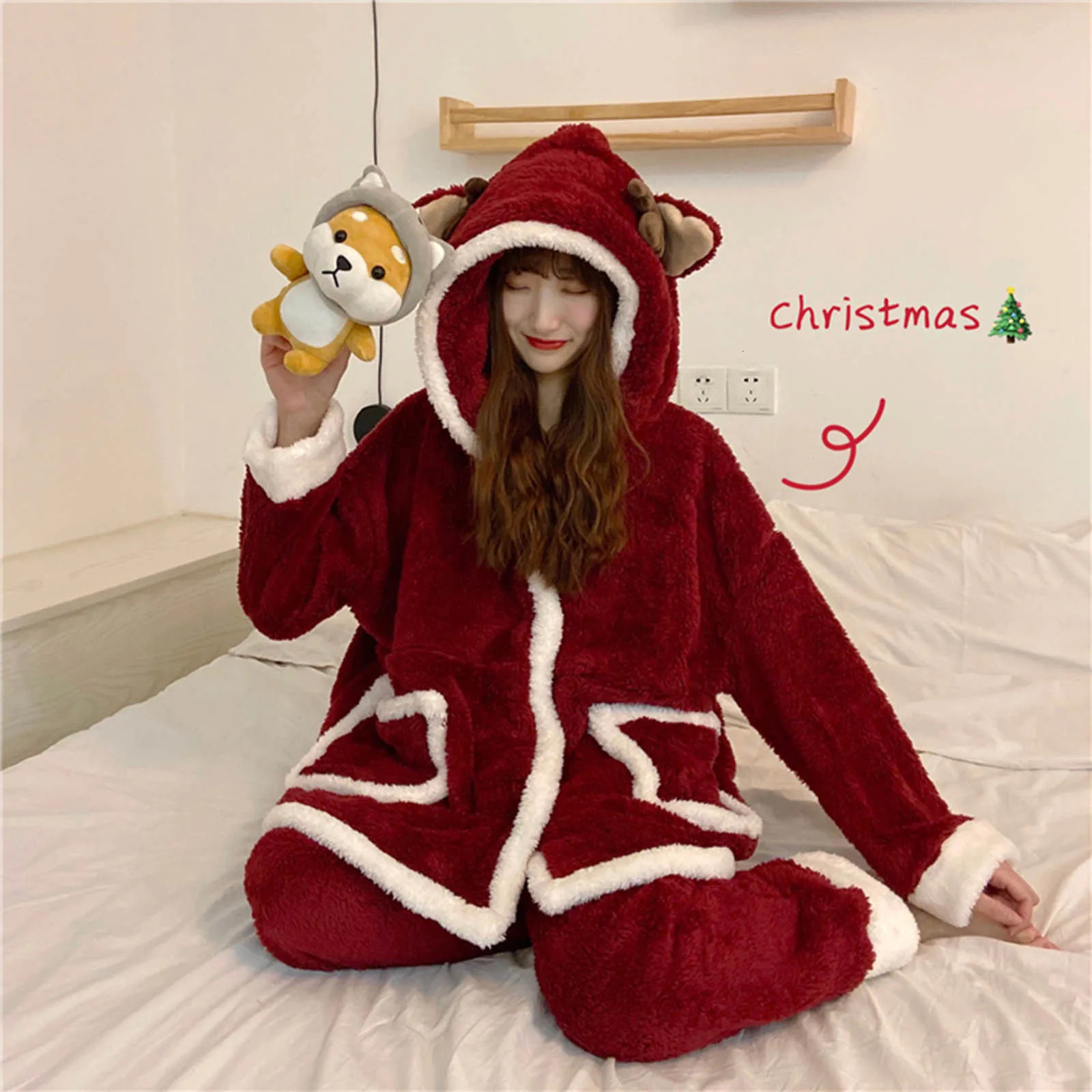 Christmas Pajamas Adults Solid Cute TopPants 2pcs Xmas Sleepwear Kawaii Fluffy Warm Kimono Bathrobe Suit Cosplay Clothes 241112