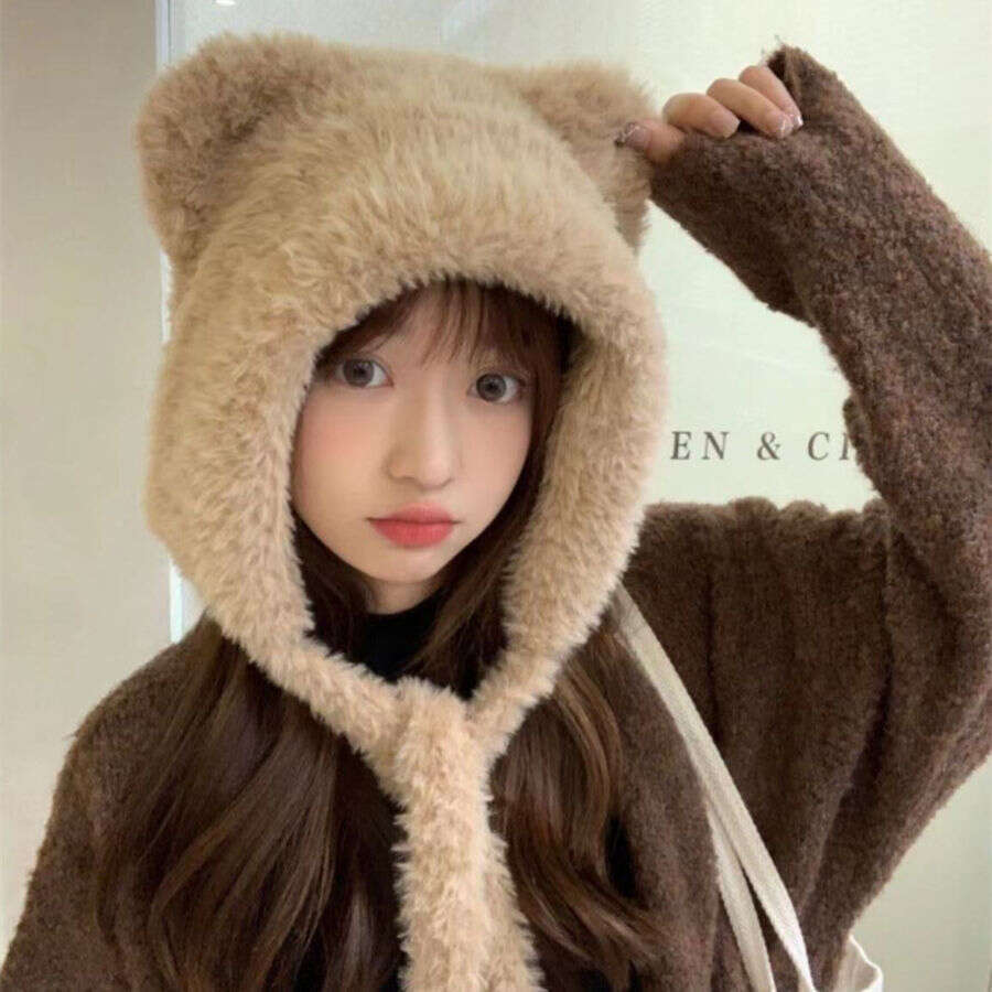 autumn and winter warm cute plush bear womens ear big lei feng fashionable cold protection headed hat