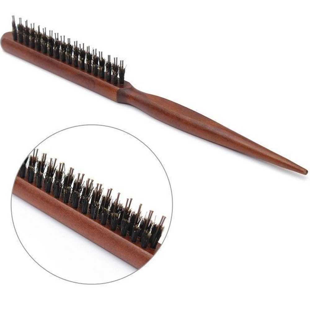 Pig mane teasing brush suitable for women professional hair combing brush with tail wood handle chamfering making hair smooth and styling tool W241112