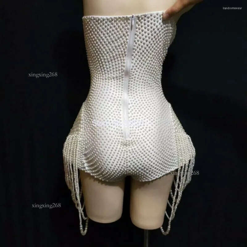 Stage Wear White Pearls Beading Bodysuit Jazz Dance Costume Evening Nightclub Bar Show Prom Birthday Outfit Women Clothes