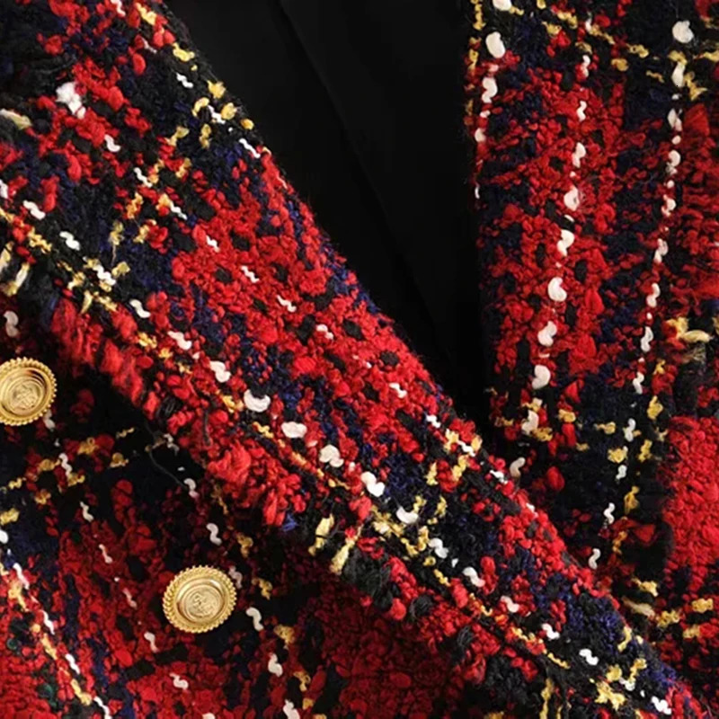 Tweed womens red checkered jacket winter fashion womens retro jacket womens patch work jacket womens jacket 241111