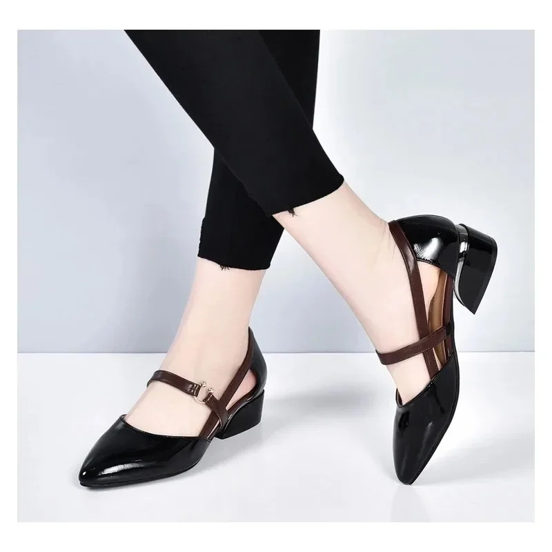 Spring and summer season single shoe thick heel soft sole solid color Pointed breathable middle-aged and elderly fashion 241111