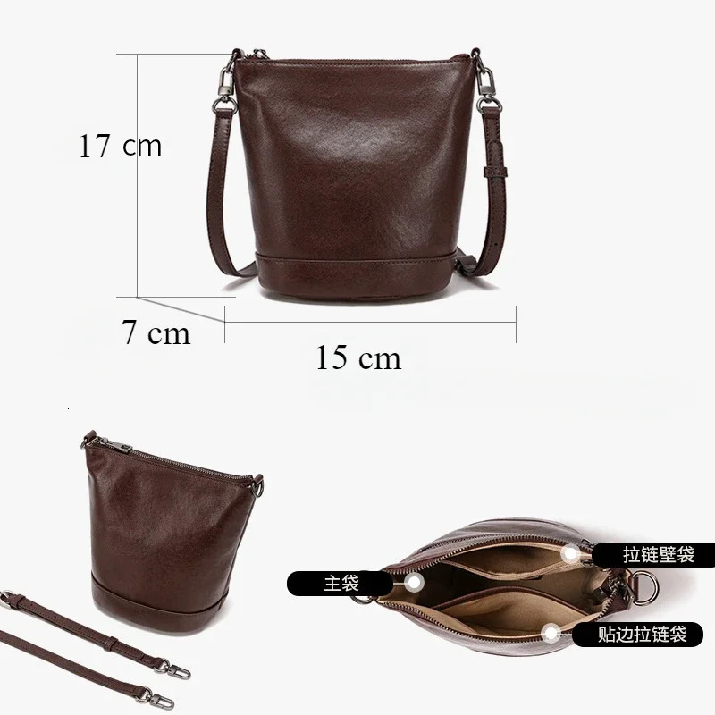 Top Layer Vegetable Tanned Cowhide Small Bucket Bag for Womens Winter Retro Genuine Leather Single Shoulder Crossbody 241111