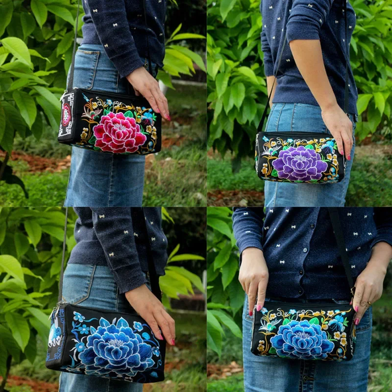 2024 New Ethnic Style Embroidery Bag Three Zipper Double Sided Women Shoulder Crossbody Bag Handbags for Women Bolso Mujer