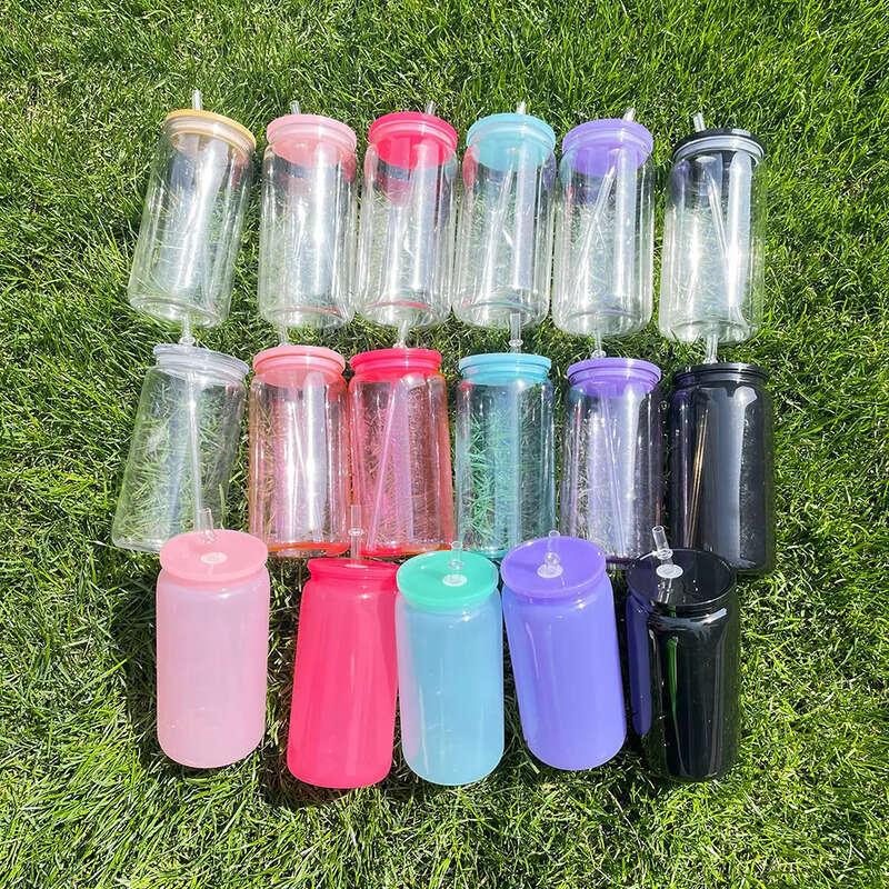Recyclable Kids Aron 16Oz Plastic Acrylic Shaped Beer Cups Colored Cold Drink Soda Can With Colorful Pp Lids For UV DTF Wraps ,Sold By Case