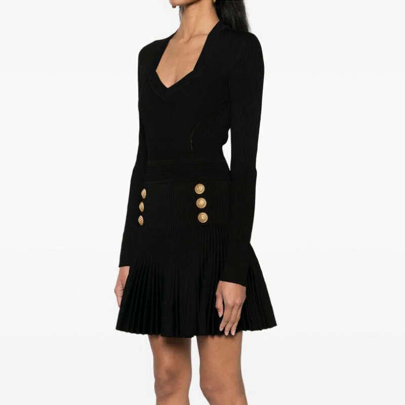 2024 Spring New Black Waist Collection Crimson Dress Classic Short Style Integrated Knitted Skirt Loose Novelty Waist Round Neck Dress Lace Dress