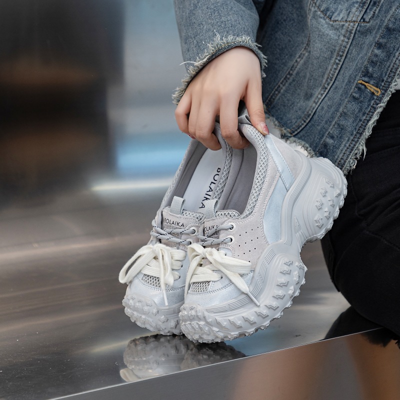 Chunky Microfiber Leather Sneakers: Breathable Mesh, Comfy Platform Wedges 4