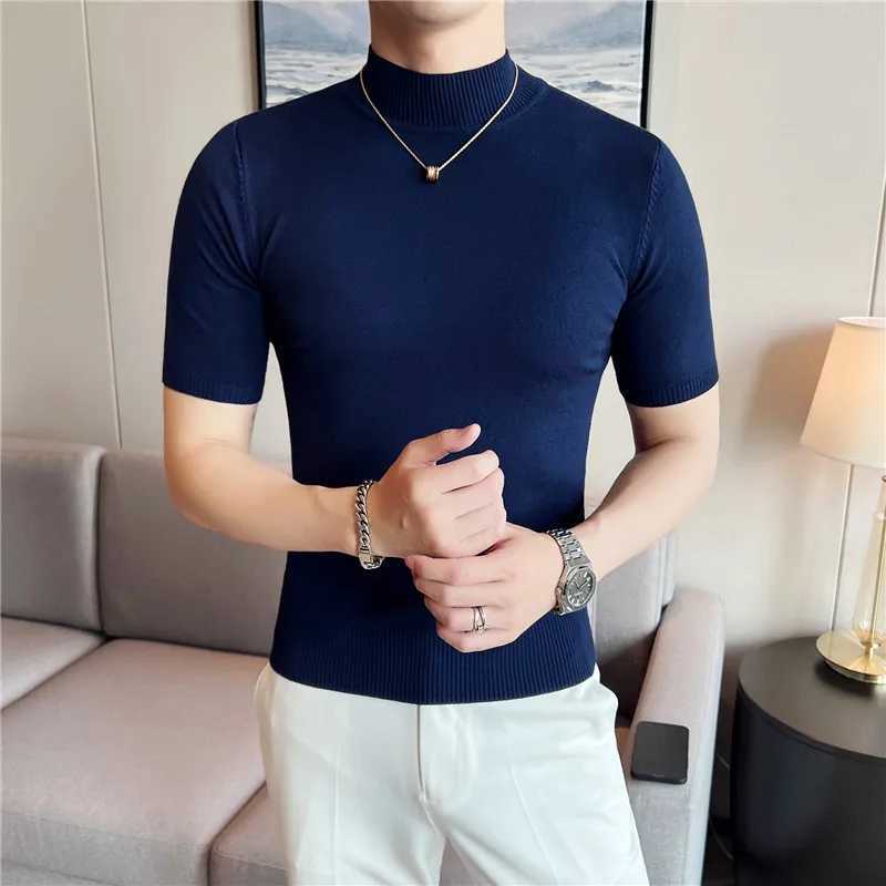 Autumn high-quality short sleeved knitted T-shirt for men ultra-thin solid pull-out half turtle neck casual elastic T-shirt for men W2411111