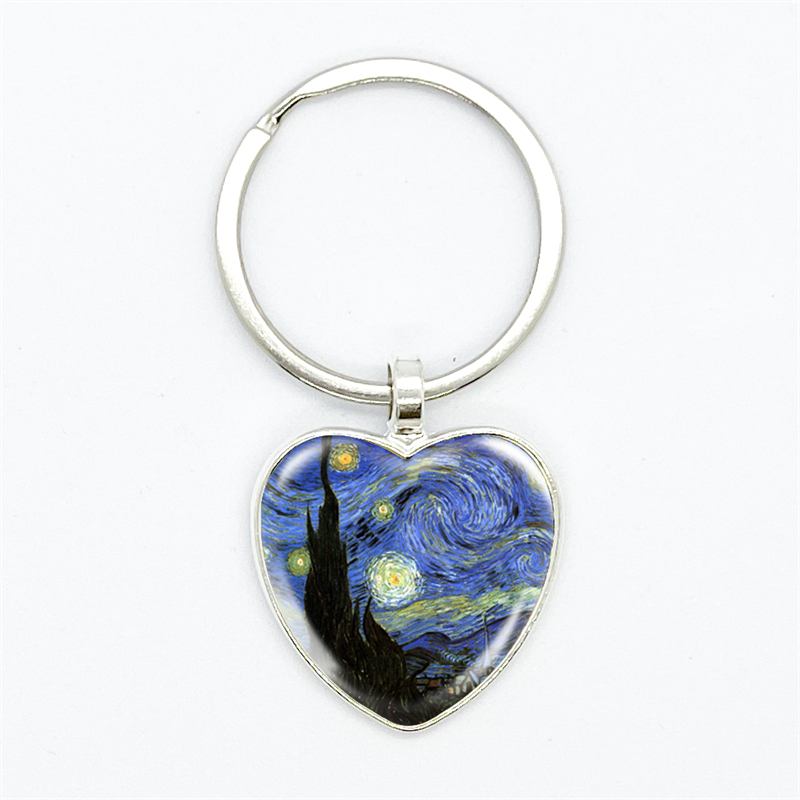 Van Gogh Oil Painting Heart Pendant Keychain Starry Night Art Picutre Glass Gem Key Chains Jewelry for Men Women 68d7b 5