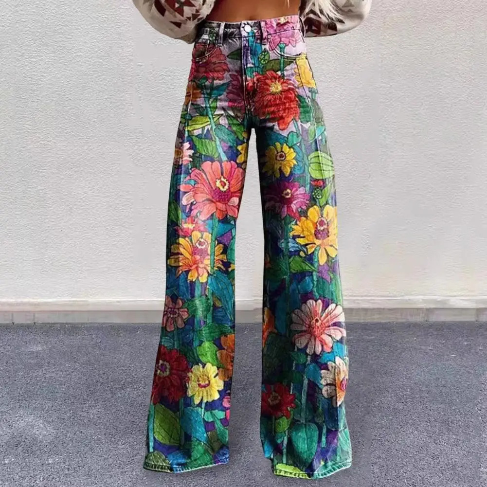 Women Retro Pants High Waist Button Zipper Fly Pockets Long Trousers Digital Floral Print Distressed Straight Wide Leg Pants 241112