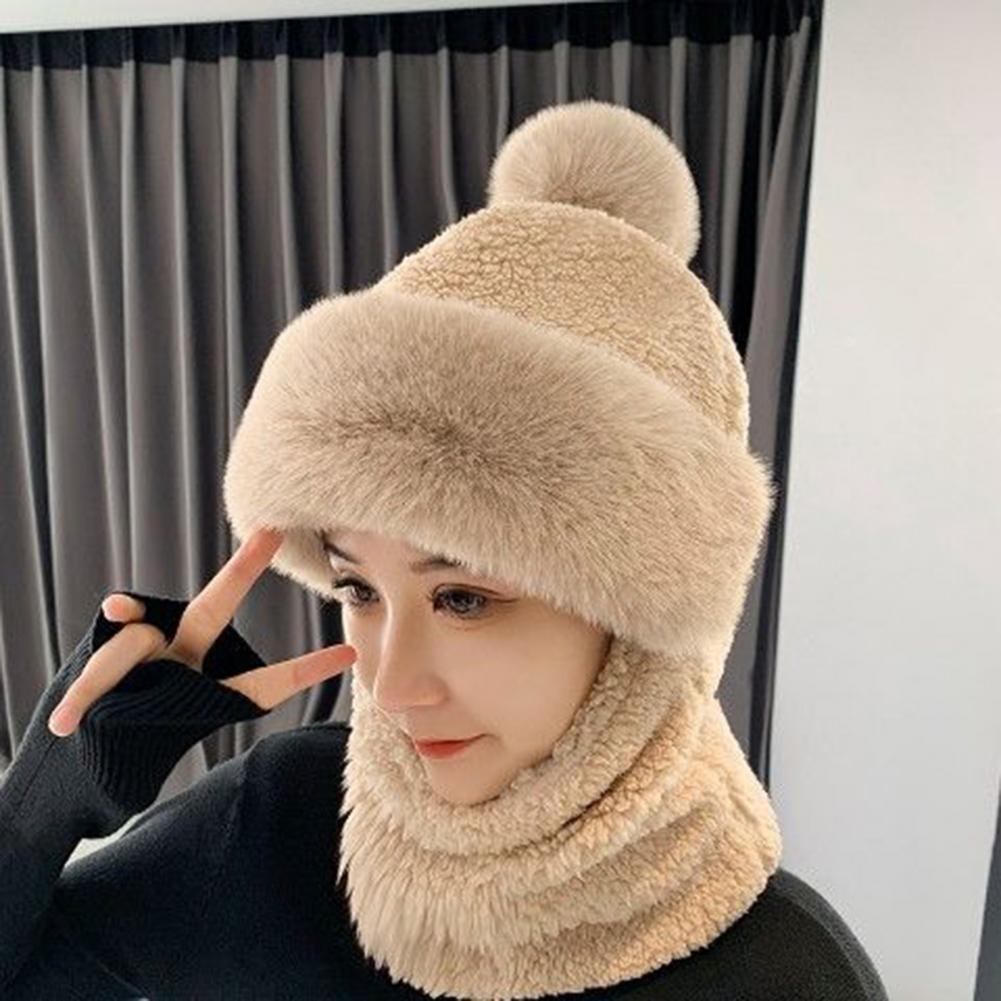 Beanie Elastic with Face-covering Windproof Winter Scarf Set Hooded Soft Plush Warmth Women Hat Outdoor Ski