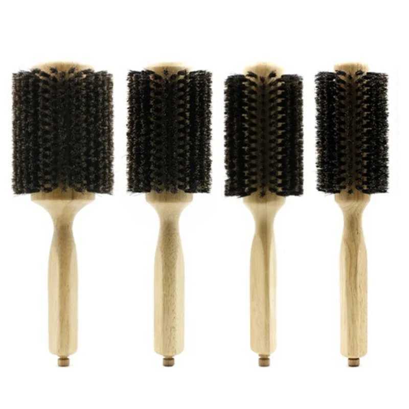 No. 6 Wooden Handle Pig Mane Round Brush Detachable Tail Professional Barber Salon Hairdressing Brush Round Comb W241112