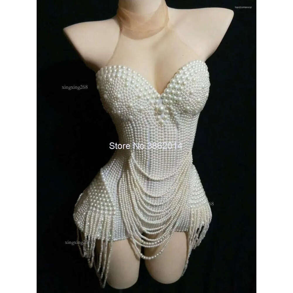 Stage Wear White Pearls Beading Bodysuit Jazz Dance Costume Evening Nightclub Bar Show Prom Birthday Outfit Women Clothes