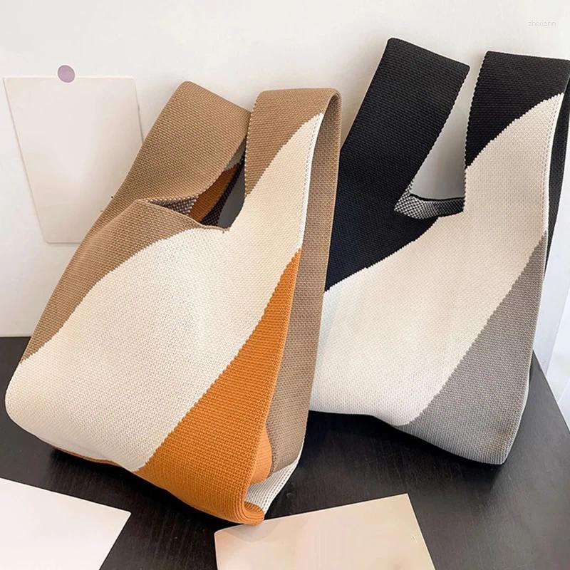 Totes Black White Knit Handbag Handmade Reusable Shopping Bags Women Girls Casual Knot Wrist Outdoor Storage zhanyishengli