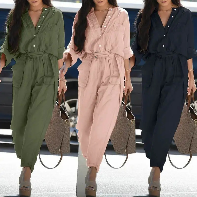 Womens casual jacket cotton linen long sleeved buttoned belt full set autumn elegant workwear womens one-piece jumpsuit 241112
