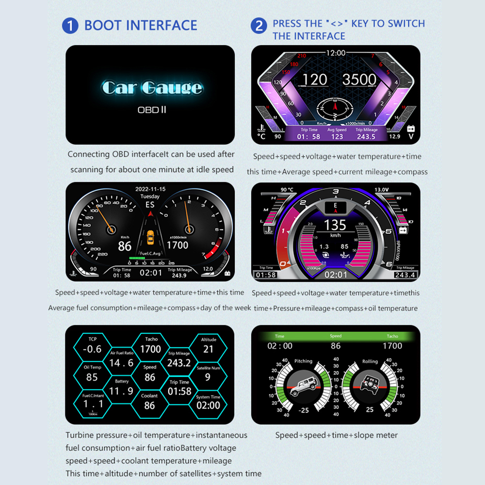 F12 HUD Head-up Display Car On-board Computer OBD2 Multifunction Screen Gauges Speedometer RPM Water&Oil Temp Meter Inclinometer