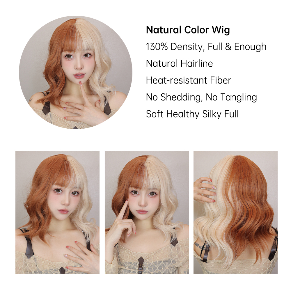 Short Wavy Blonde Copper Ginger Synthetic Natural Hair Wig with Bangs Halloween Costume Cosplay Wig Heat Resistant for Women d6575