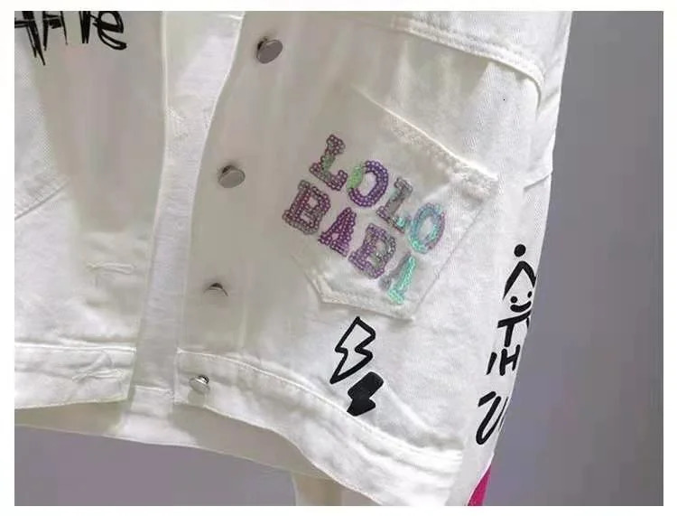 Cartoon flocking letter printed white denim jacket for womens Spring and Autumn short sleeved denim jacket for womens fashion 241112