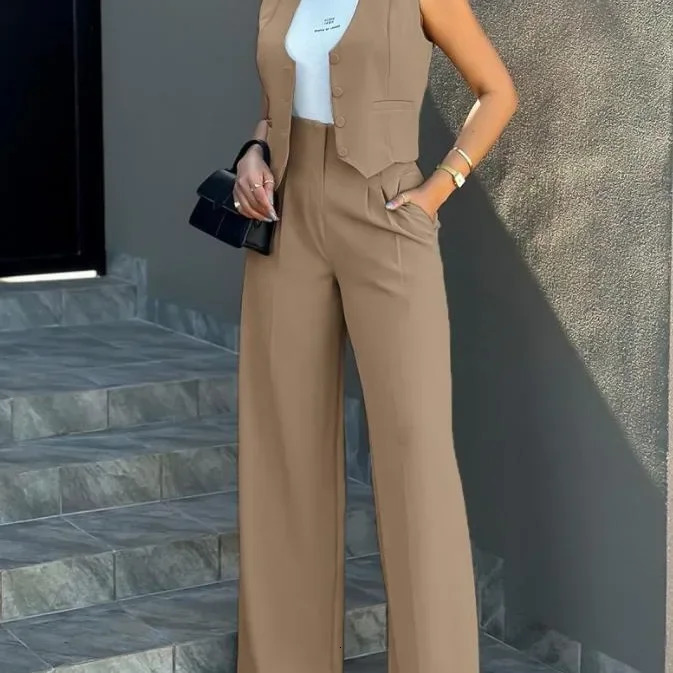 Stylish Women Commuting Vest Tops High Waist Wide Leg Pants 2024 Spring Autumn V Neck Sleeveless Button Regular Work Set 241108