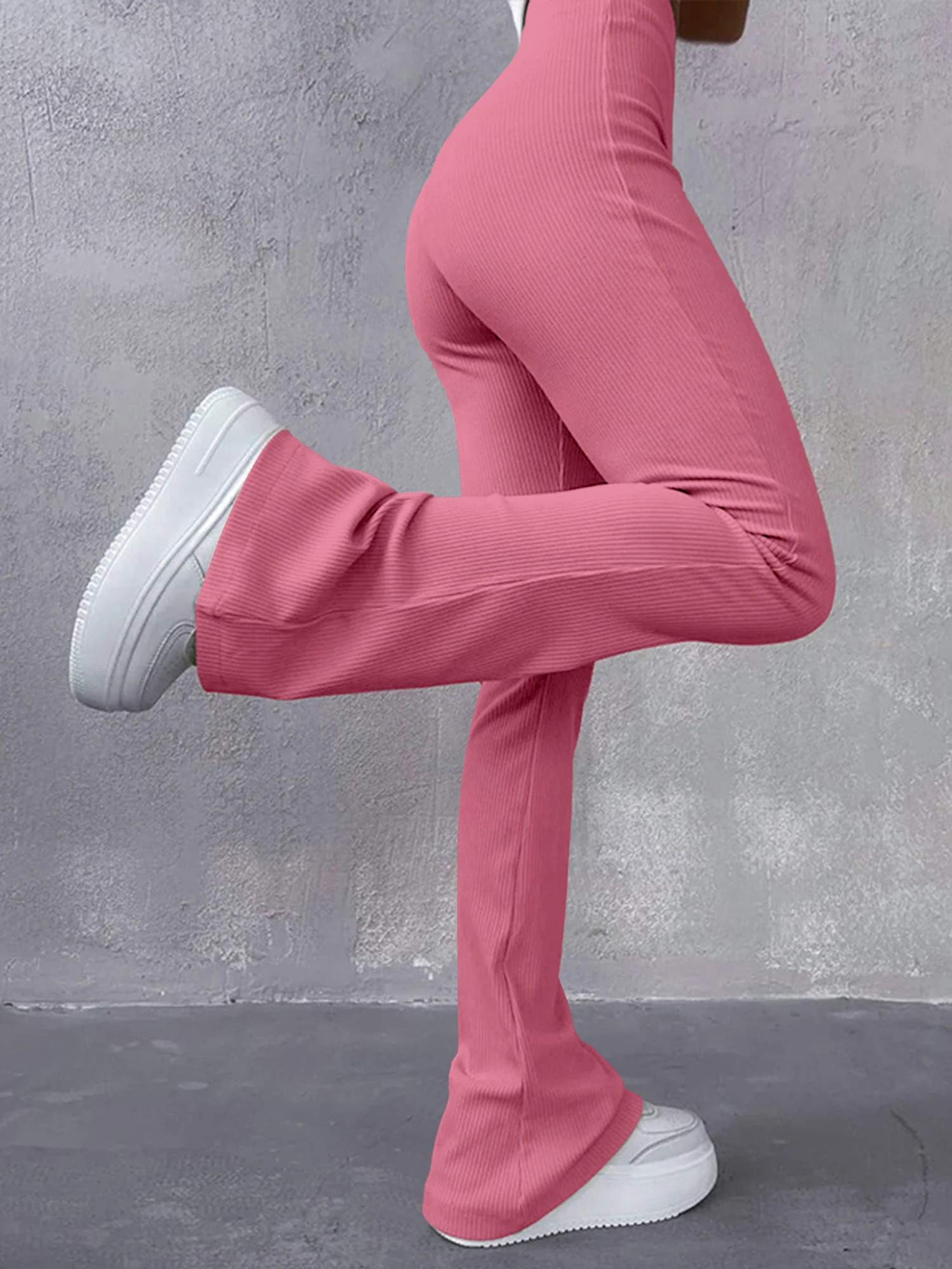 Womens Sexy Slim Pants Ribbed Solid Color High Waisted Flared Showing Longer Legs Allmatch Sports Long 241108