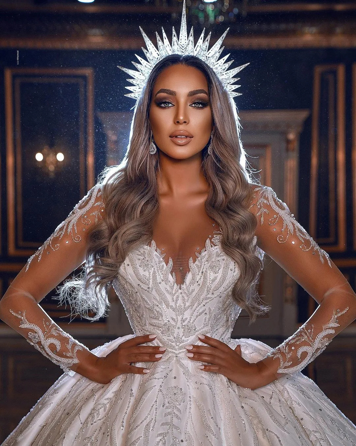 Gorgeous A Line Women Wedding Dress Sheer Neck Long Sleeves Bridal Gowns Sequins Lace Sweep Train Dress Custom Made vestidos de novia