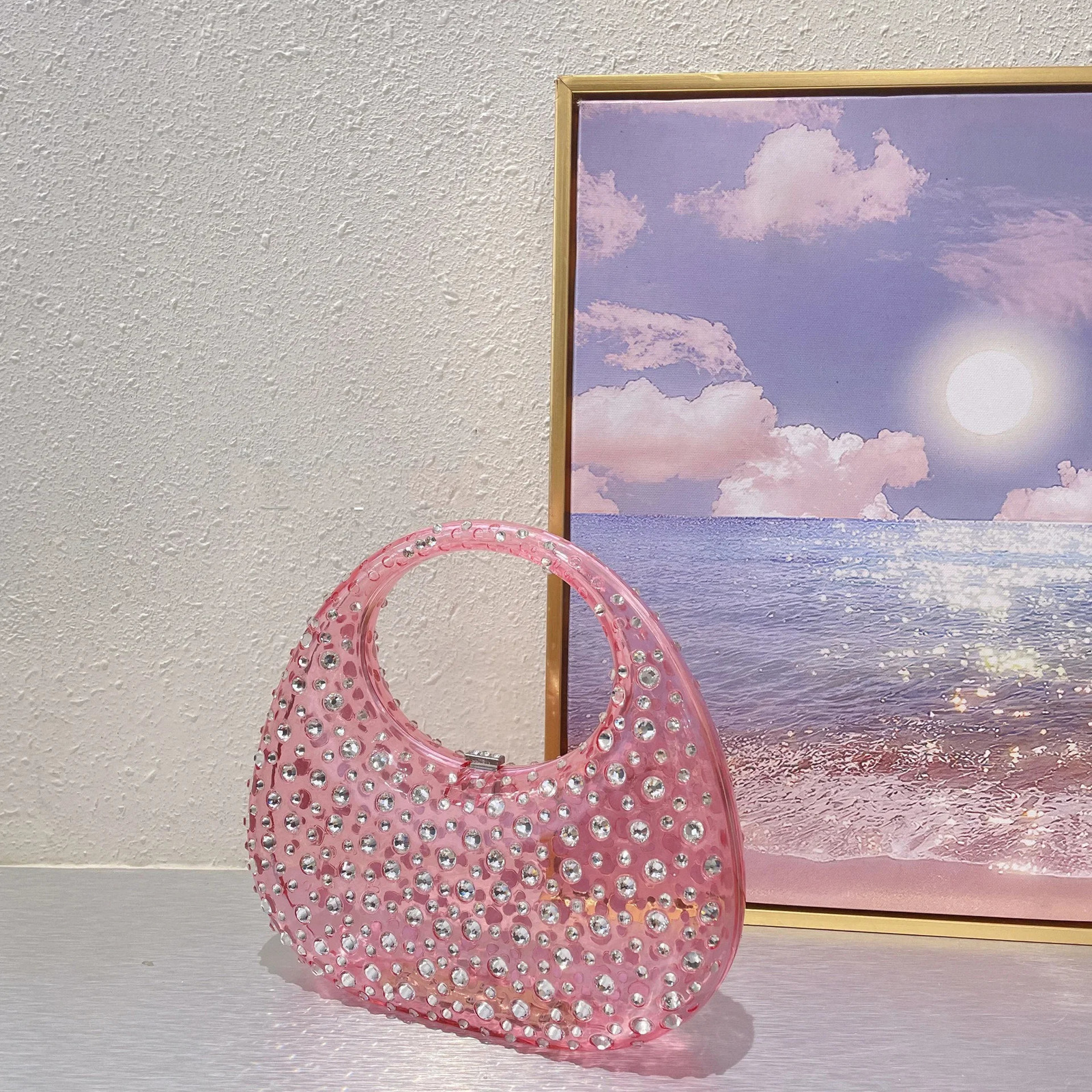 Clear Diamonds Evening Bags Acrylic er Women Handbags Rhinestone Wedding Purses Ladies Half Moon Crystal Clutch 241112