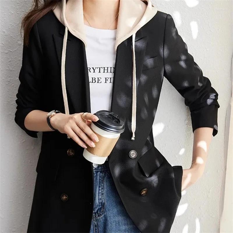Womens Suits 2025 Spring Autumn Suit Coat Hooded Appear Thin Temperament Ladies Blazer Leisure Large Size Elegant Female Tops