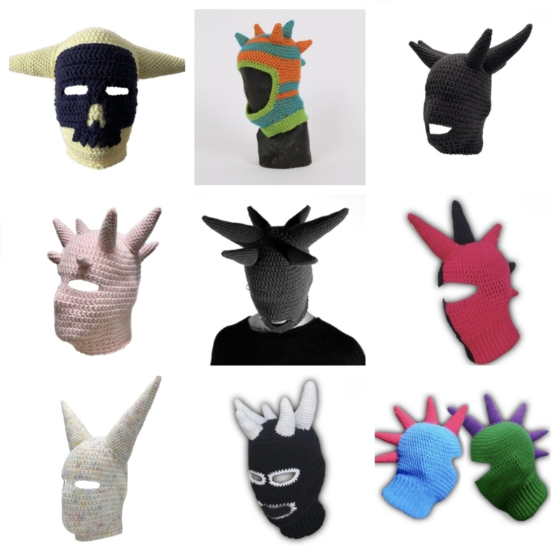 Funny Horn Balaclava Women Men Adult Halloween Face Mask Beanie Handmade Warm FaceCover Hooded Hat for Party