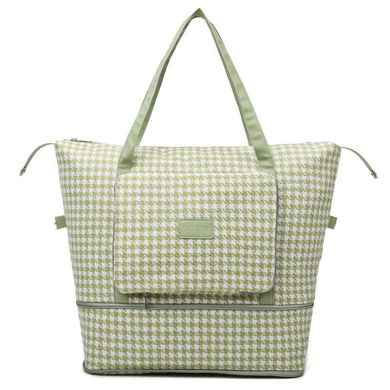 Trendy Fashion Portable Travel Bag Grid Pattern Expandable Fitness Bag Large Capacity Set Luggage Bag