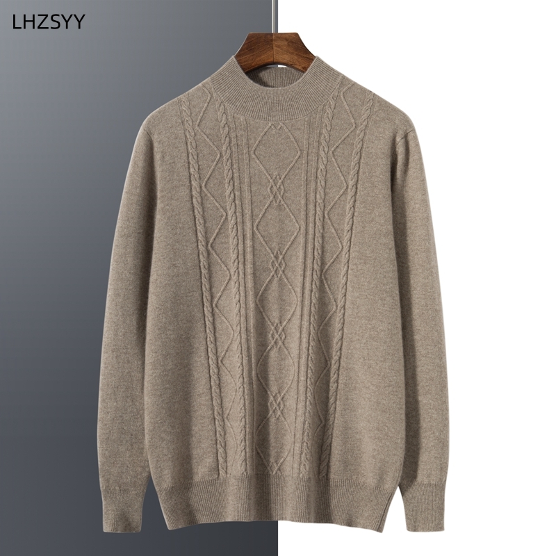 LHZSYY New Men's 100% Pure Cashmere Sweater Fall/Winter Half-high Neck Jacquard Pullovers Youth Plus Size Knit Base Shirt Tide c651d