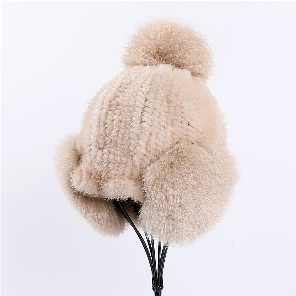 Women's Winter Warm 100% Genuine Mink Knitted Beanie Hat Bomber Caps Fox Fur Ear Warmer Cover Hats Pom Elastic