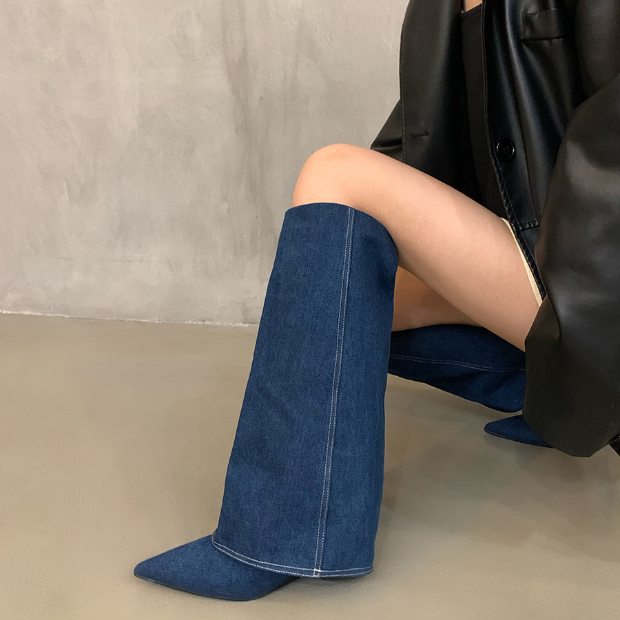 Women's Boots:Fashion Simple Design Long Boots Pointed Toe 2024 New Retro High Heel Spicy Girl Versatile,Blue/Apricot,Free shipping