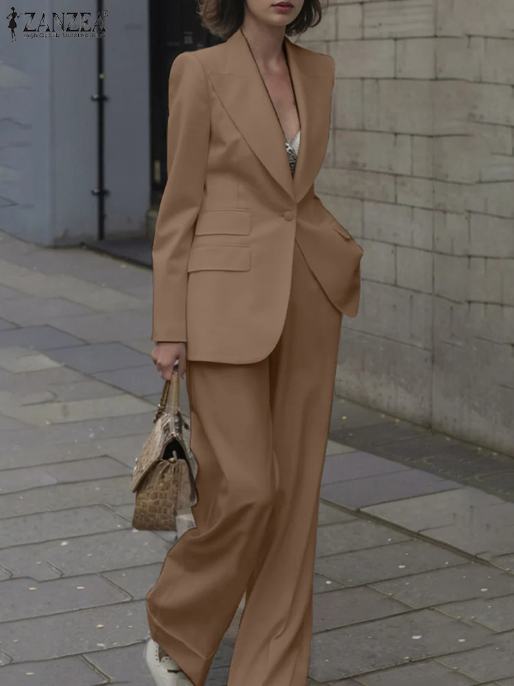ZANZEA Lapel Neck Blazer Casual 2pcs Suits Office Lady Streetwear Wide Leg Trouser Women Pant Sets Commute Fashion 2-Piece Sets 241112