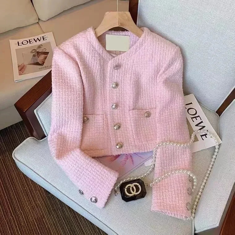 Women Tweed Fragrant Pink Jacke Long Sleeve Single-breasted Winter Autumn Y2K Coat Female Elegant Crop Top Korean Clothing 241112